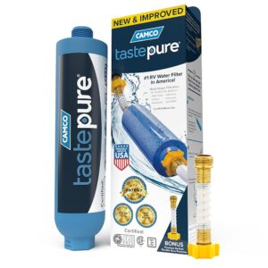 Camco TastePURE RV Water Filter - New & Advanced RV Inline Water Filter with Flexible Hose Protector - GAC & KDF Water Filter - Made in USA - Camping Essentials for Fresh... Camco TastePURE RV Water Filter - New & Advanced RV Inline Water Filter with Flexible Hose Protector - GAC & KDF Water Filter - Made in USA - Camping Essentials for Fresh...