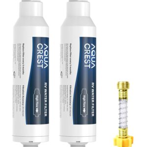 AQUA CREST RV Inline Hose Water Filter, Garden and Camper, NSF Certified, Greatly Reduces Chlorine, Bad Taste, Odor, 2 Pack with Hose Protector (Package May Vary) AQUA CREST RV Inline Hose Water Filter, Garden and Camper, NSF Certified, Greatly Reduces Chlorine, Bad Taste, Odor, 2 Pack with Hose Protector (Package May Vary)