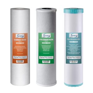 iSpring F3WGB32BM 4.5” x 20” 3-Stage Whole House Water Filter Set Replacement Pack with Sediment, CTO Carbon Block, and Iron & Manganese Reducing Cartridges Fits WGB32BM, White... iSpring F3WGB32BM 4.5” x 20” 3-Stage Whole House Water Filter Set Replacement Pack with Sediment, CTO Carbon Block, and Iron & Manganese Reducing Cartridges Fits WGB32BM, White...